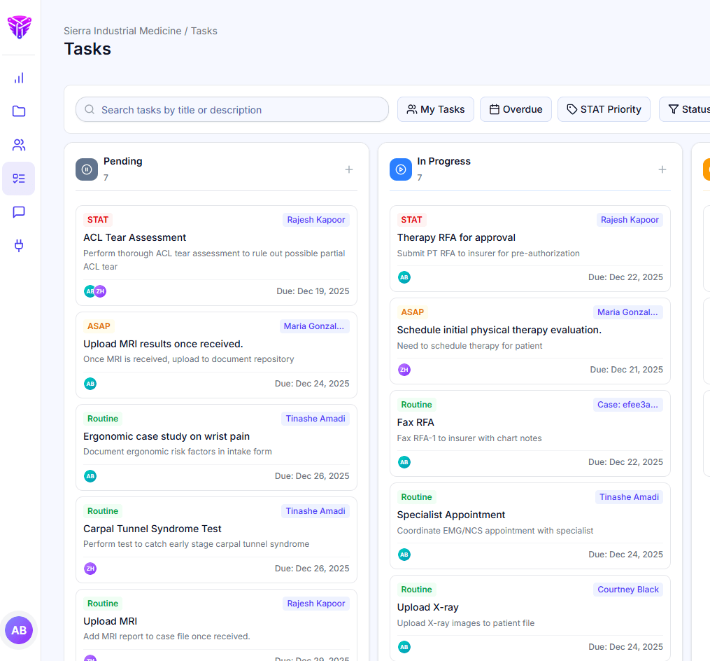 Auth Hero task board for clinic case work