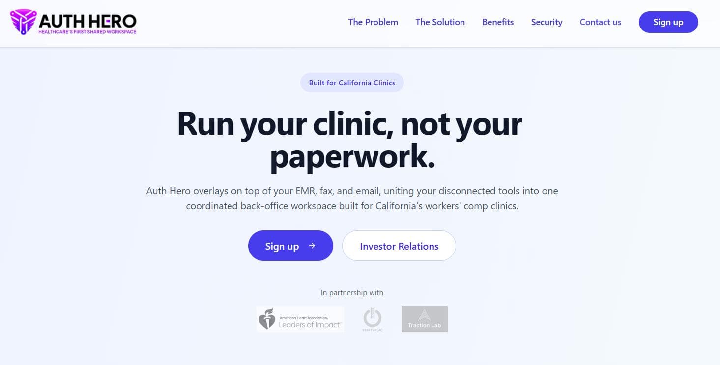 Auth Hero landing page: run your clinic, not your paperwork