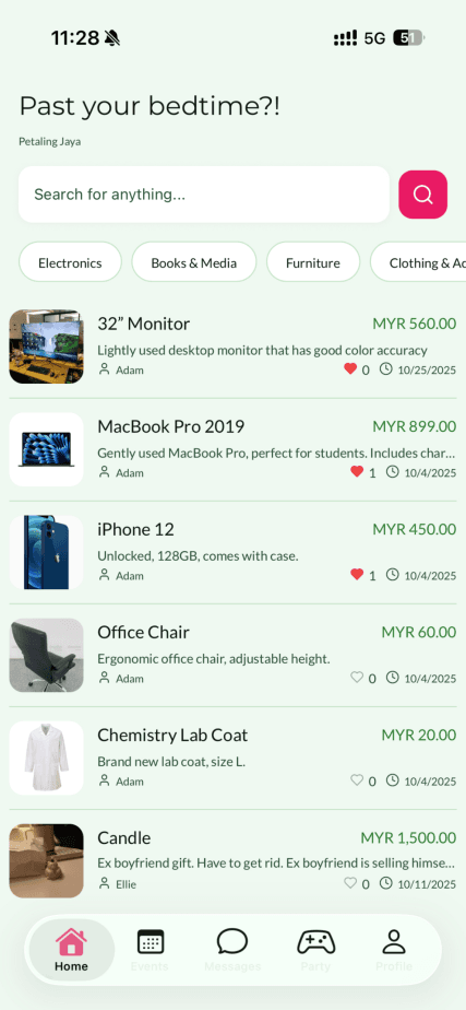 Dashubs app home feed with secondhand listings