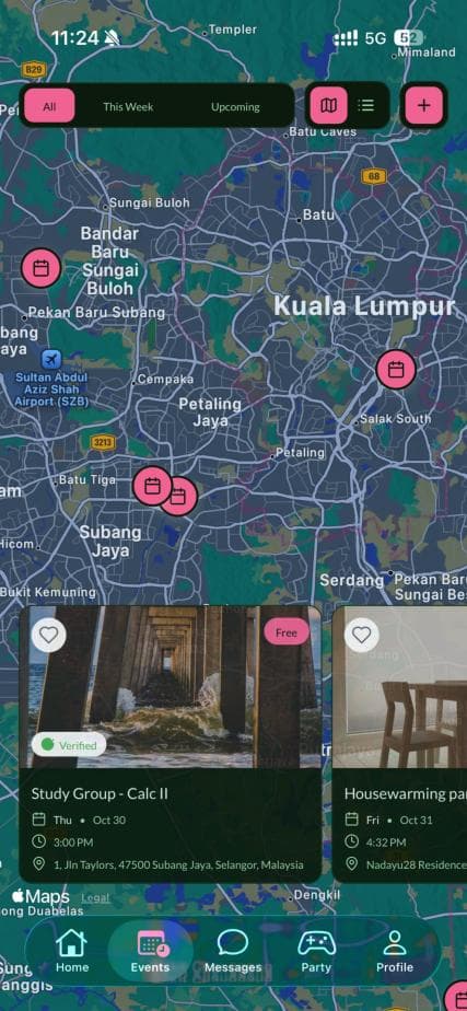 Dashubs app events map around Kuala Lumpur