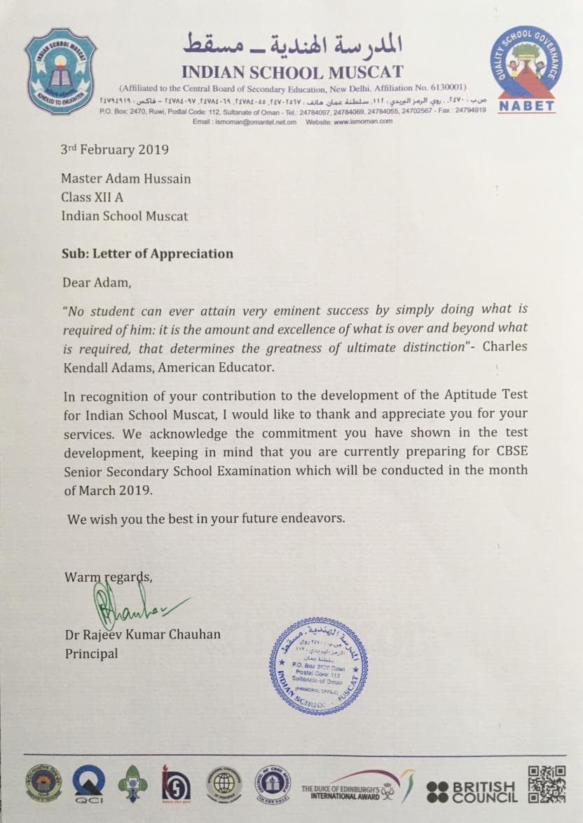 Letter of appreciation from the principal of Indian School Muscat