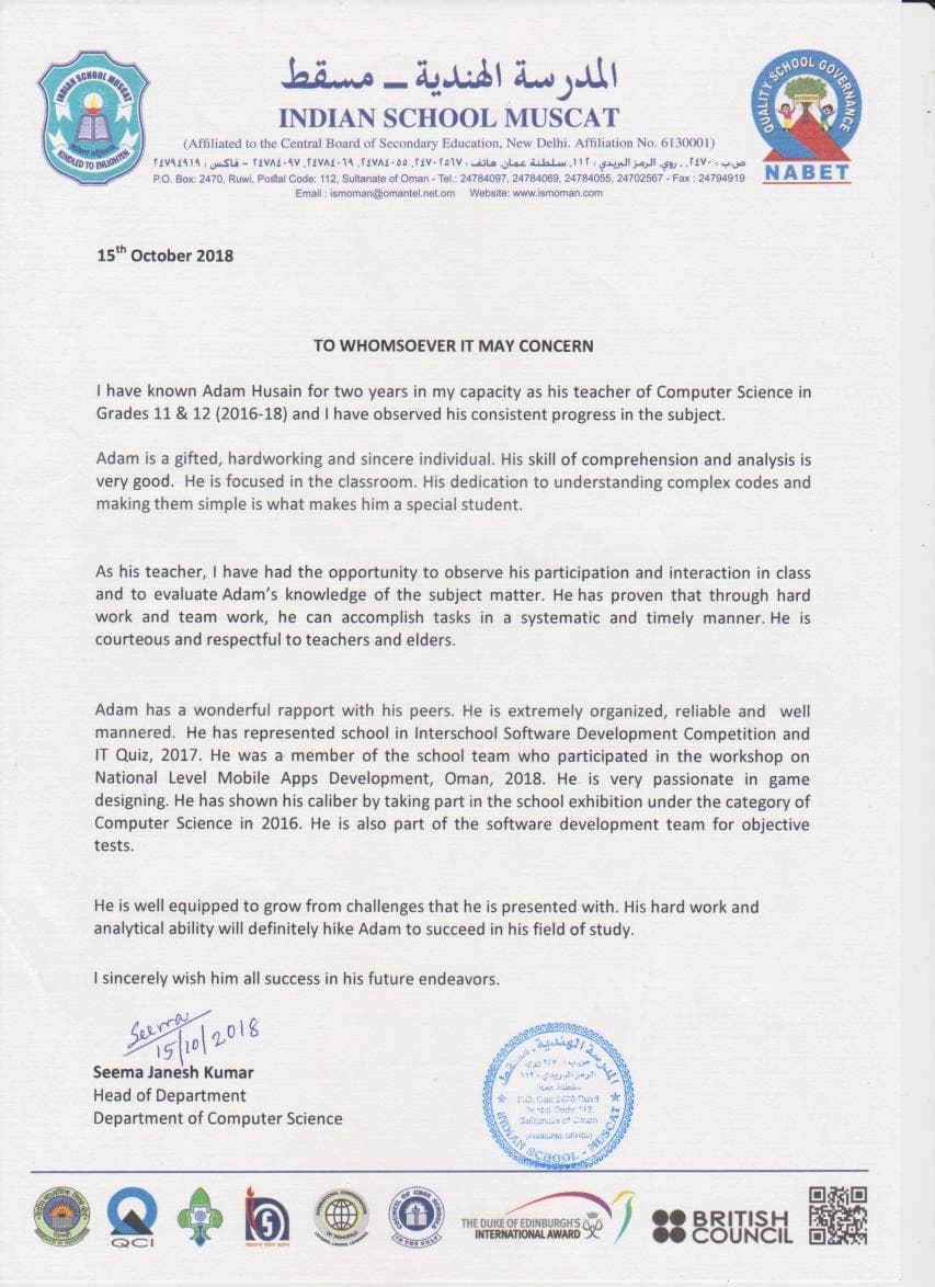 Reference letter from the head of computer science