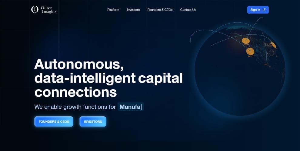 Outer Insights landing page with 3D globe and capital connections headline