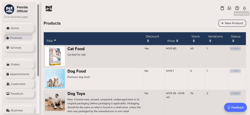 Petville products management table