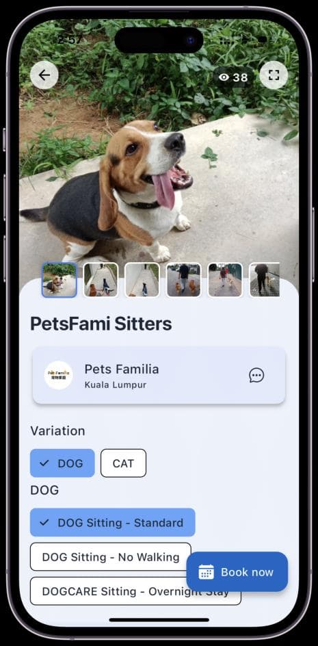 Petville mobile app pet sitter booking screen
