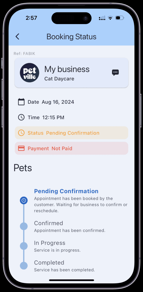 Petville mobile app chat with a pet sitter