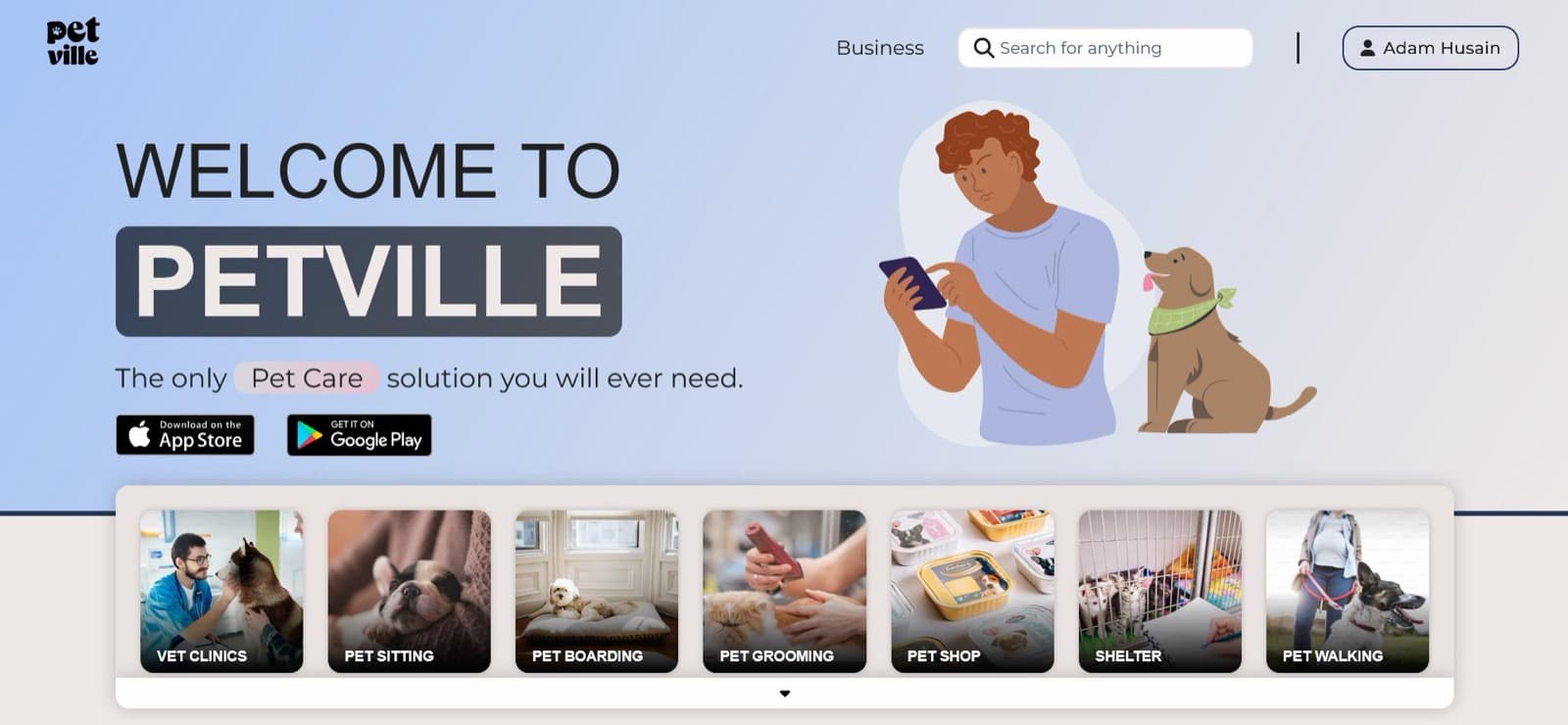 Petville e-commerce website homepage with pet care services