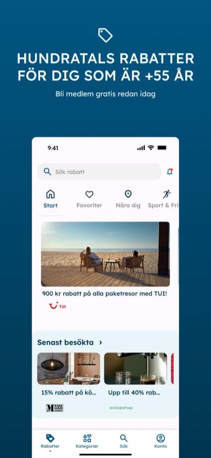 SmartSenior mobile app home screen with discount search