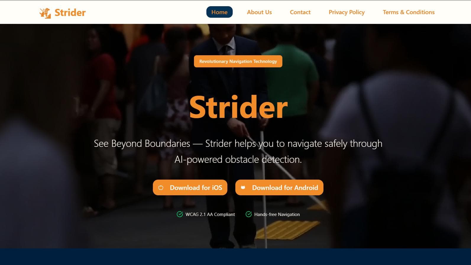 Strider landing page for AI-powered obstacle detection