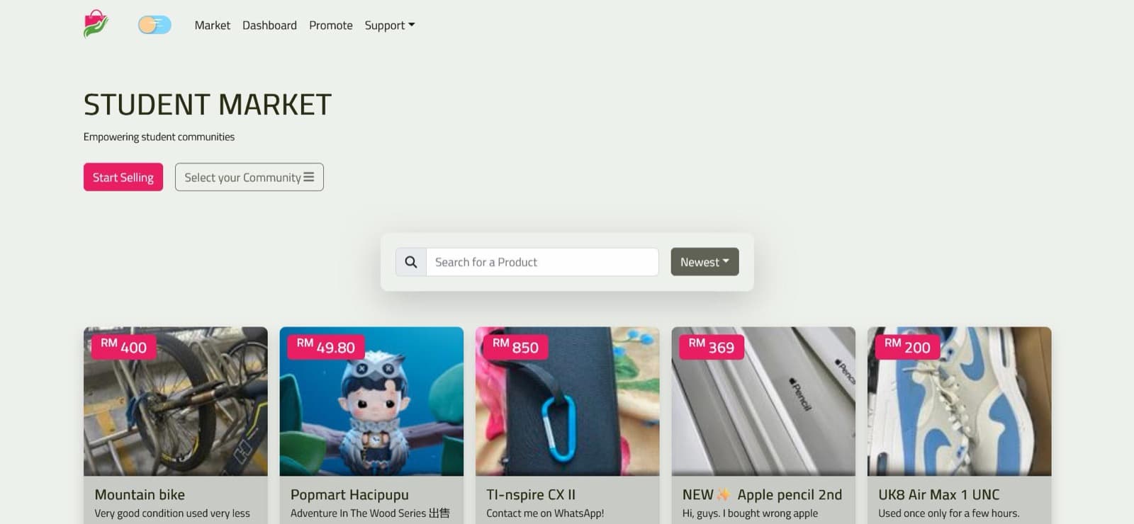Student Market web marketplace with product listings